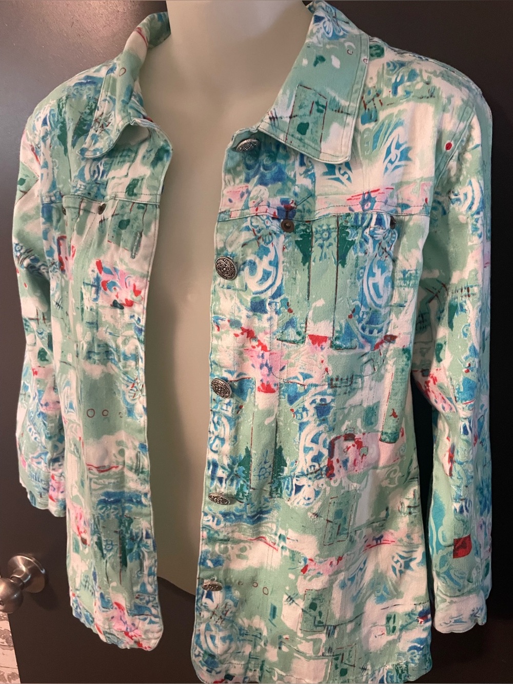 Karen Hart Abstract Print Stretch Cotton Jacket Mint Blue Pink Size Large - Picture 3 of 8